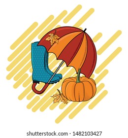 Autumn vector illustration with umbrella, galoshes and pumpkin, isolated on the white background