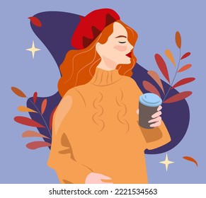 Autumn vector illustration. The woman holds a cup of coffee with her hands, wearing a warm orange sweater and a red hat. Girl on a blue background with autumn leaves. Cosy illustration