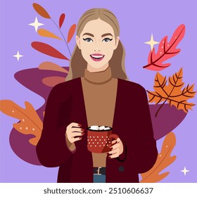 Ilustración vectorial de otoño. La mujer sostiene una taza de café con las manos, con un suéter naranja cálido y un sombrero rojo. Chica sobre un fondo azul con hojas de otoño. Acogedora ilustración