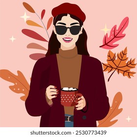 Ilustración vectorial de otoño. La mujer sostiene una taza de café con las manos, con un suéter naranja cálido y un sombrero rojo. Chica sobre un fondo azul con hojas de otoño. Acogedora ilustración