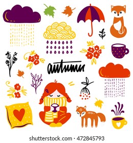 Autumn vector isolated elements collection. Colorful hand drawn different items.