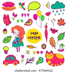 Autumn vector isolated elements collection. Colorful hand drawn different items. Doodle style.