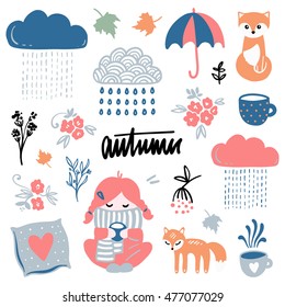 Autumn vector isolated elements collection. Colorful hand drawn different items.