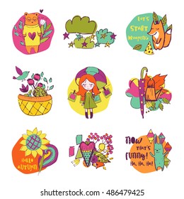 Autumn vector isolated elements collection. Colorful hand drawn different items. Doodle style.