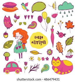 Autumn vector isolated elements collection. Colorful hand drawn different items. Doodle style.
