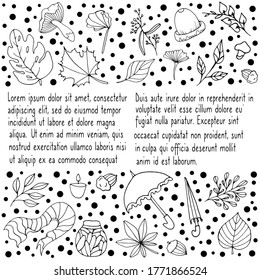 Autumn. Vector isolated illustration with acorn, plants, branches, umbrellas, hat, scarf on a white background.  Doodle style. Vector file. Set with elements of the autumn concept.