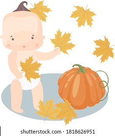 autumn vector isolated stock image on white background.A small baby in a diaper stands next to an orange pumpkin surrounded by yellow autumn leaves.autumn illustration for printing on clothes,postcard