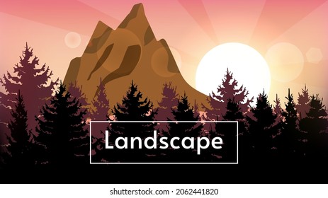 Ilustración de fondo del paisaje vectorial de otoño. Por la noche o por la mañana con amanecer o puesta de sol con montañas y bosques. Fondo del saludo.