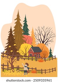 Autumn vector. Autumn landscape clipart. Small house in the forest in autumn. Little boy in autumn with falling leaves. Natural season. Flat vector in cartoon style isolated on white background.