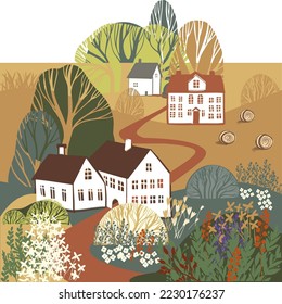 Autumn vector landscape of cozy village 