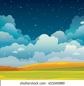 Autumn vector landscape with green field and yellow forest on a cloudy night sky. Natural illustration. 