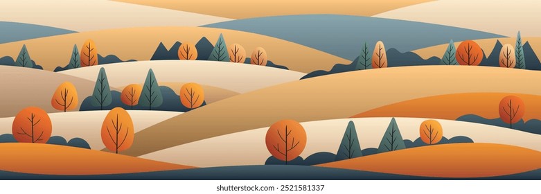 Paisaje del Vector del otoño, colinas y prados, otoño dorado, verano indio, dibujo de dibujos animados