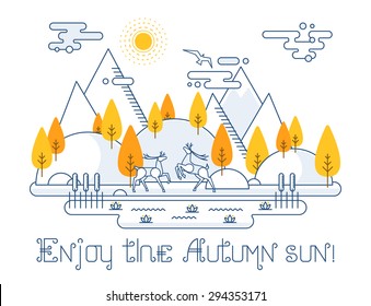 Autumn vector landscape illustration in linear style - forest and mountains, lake with lilies and cane, two deers, hills, clouds. Contour graphic elements for your design