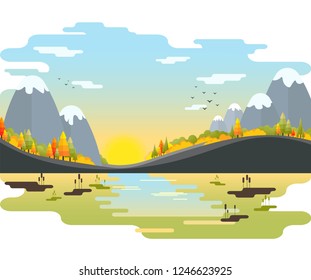 autumn vector landscape. Mountains with fir-trees and bushes on the riverside. flat style colorful scenery.
