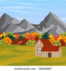 Autumn vector landscape with mountains, green hills and valley, autumn trees of bright colors and a large village house with a red roof.  Sunny day