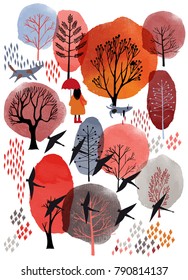 Autumn vector landscape. Watercolor vector background and flat illustration