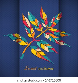 autumn vector leaf illustration. autumn leaf on a background of folded paper and polka dot pattern
