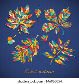 autumn vector leaf set. autumn leaf on a background of folded paper and polka dot pattern