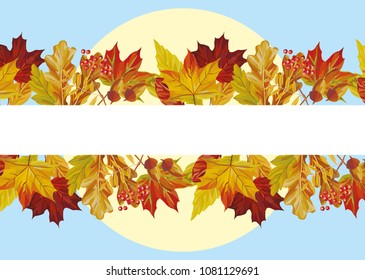Autumn vector leaves on the background sun and blue sky border for text, greeting card, invitation