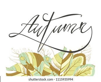 Autumn, vector lettering.Composition or bouquet of fallen autumn leaves isolated on white background.