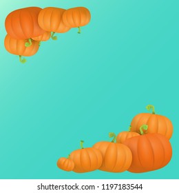 autumn vector orange pumpkins border design template for banners and thanksgiving day backgrounds. vector Pile of pumpkins frame isolated on azure background