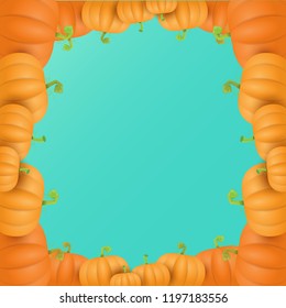 autumn vector orange pumpkins border design template for banners and thanksgiving day backgrounds. vector Pile of pumpkins frame isolated on azure background
