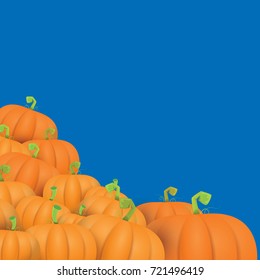 autumn vector orange pumpkins border design template for banners and thanksgiving day backgrounds. vector Pile of pumpkins frame isolated on isolated on blue background