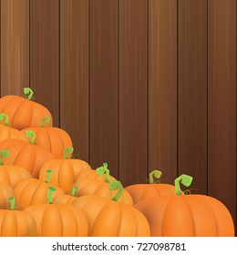autumn vector orange pumpkins border design template for banners and thanksgiving day backgrounds. vector Pile of pumpkins frame laying on wooden table background