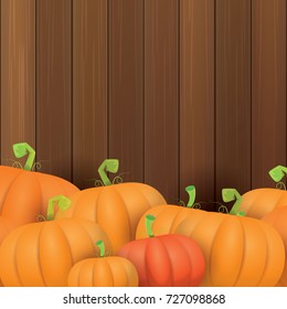 autumn vector orange pumpkins border design template for banners and thanksgiving day backgrounds. vector Pile of pumpkins frame laying on wooden table background