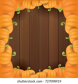 autumn vector orange pumpkins border design template for banners and thanksgiving day backgrounds. vector Pile of pumpkins frame laying on wooden table background