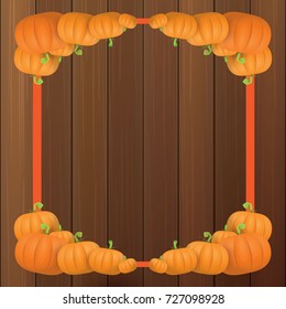 autumn vector orange pumpkins border design template for banners and thanksgiving day backgrounds. vector Pile of pumpkins frame laying on wooden table background