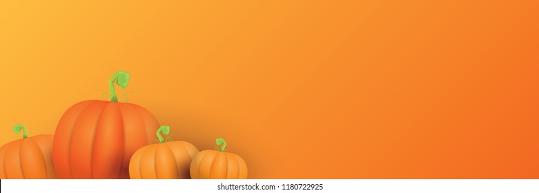 autumn vector orange pumpkins horizontal banner design template for farm market banners and thanksgiving day backgrounds. vector Pile of orange pumpkins frame or border on orange background