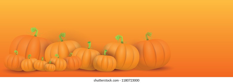 autumn vector orange pumpkins horizontal banner design template for farm market banners and thanksgiving day backgrounds. vector Pile of orange pumpkins frame or border on orange background