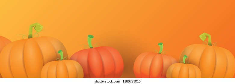 autumn vector orange pumpkins horizontal banner design template for farm market banners and thanksgiving day backgrounds. vector Pile of orange pumpkins frame or border on orange background