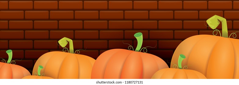 autumn vector orange pumpkins horizontal banner design template for farm market banners and thanksgiving day backgrounds. vector Pile of orange pumpkins frame or border on brick wall background