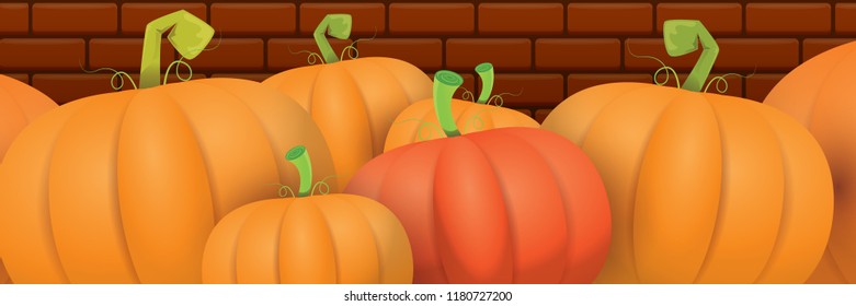autumn vector orange pumpkins horizontal banner design template for farm market banners and thanksgiving day backgrounds. vector Pile of orange pumpkins frame or border on brick wall background