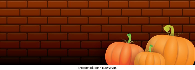 autumn vector orange pumpkins horizontal banner design template for farm market banners and thanksgiving day backgrounds. vector Pile of orange pumpkins frame or border on brick wall background