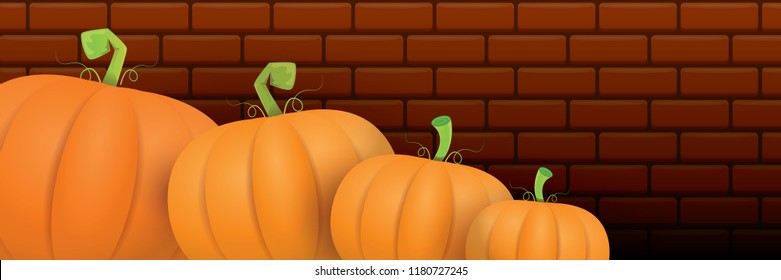 autumn vector orange pumpkins horizontal banner design template for farm market banners and thanksgiving day backgrounds. vector Pile of orange pumpkins frame or border on brick wall background
