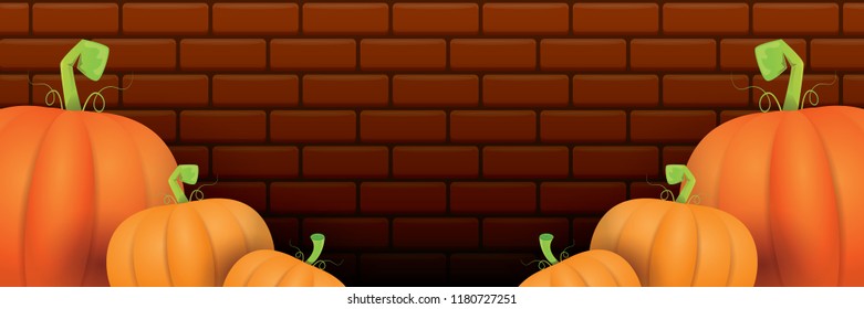 autumn vector orange pumpkins horizontal banner design template for farm market banners and thanksgiving day backgrounds. vector Pile of orange pumpkins frame or border on brick wall background