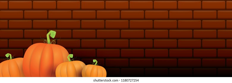 autumn vector orange pumpkins horizontal banner design template for farm market banners and thanksgiving day backgrounds. vector Pile of orange pumpkins frame or border on brick wall background