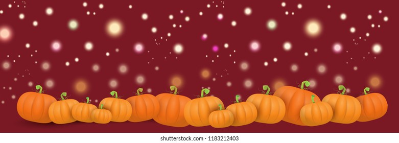 autumn vector orange pumpkins horizontal banner design template for farm market banners and thanksgiving day backgrounds. vector Pile of orange pumpkins frame or border on autumn background with light