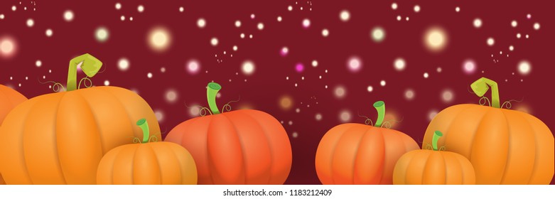 autumn vector orange pumpkins horizontal banner design template for farm market banners and thanksgiving day backgrounds. vector Pile of orange pumpkins frame or border on autumn background with light