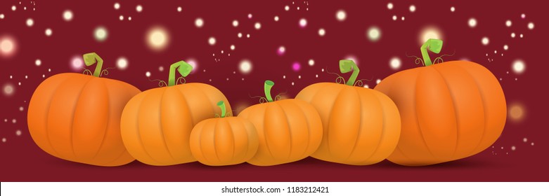 autumn vector orange pumpkins horizontal banner design template for farm market banners and thanksgiving day backgrounds. vector Pile of orange pumpkins frame or border on autumn background with light