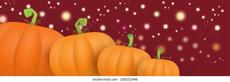 autumn vector orange pumpkins horizontal banner design template for farm market banners and thanksgiving day backgrounds. vector Pile of orange pumpkins frame or border on autumn background with light
