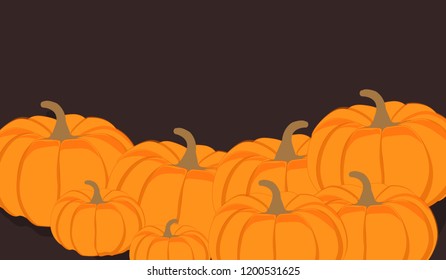 Autumn vector orange pumpkins horizontal banner design template for farm market banners and thanksgiving day backgrounds. vector Pile of orange pumpkins frame or border isolated on dark background