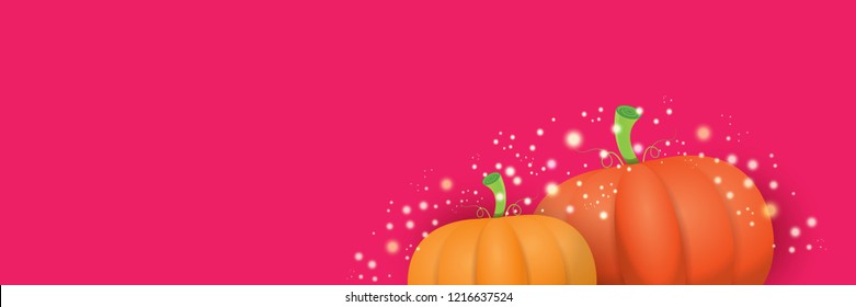 autumn vector orange pumpkins horizontal banner design template for farm market banners and thanksgiving day backgrounds. vector Pile of orange pumpkins frame or border on pink background