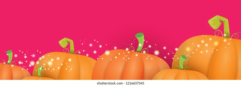 autumn vector orange pumpkins horizontal banner design template for farm market banners and thanksgiving day backgrounds. vector Pile of orange pumpkins frame or border on pink background