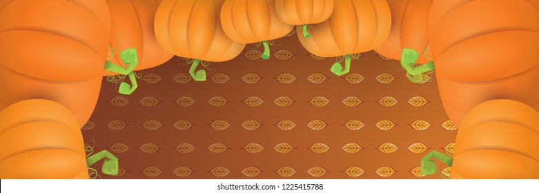 autumn vector orange pumpkins horizontal banner design template for farm market banners and thanksgiving day backgrounds. vector Pile of orange pumpkins frame or border on brown background