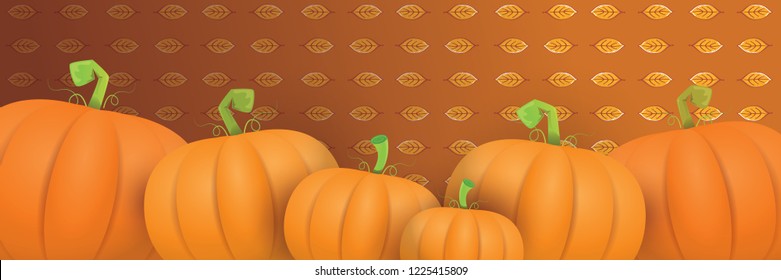 autumn vector orange pumpkins horizontal banner design template for farm market banners and thanksgiving day backgrounds. vector Pile of orange pumpkins frame or border on brown background