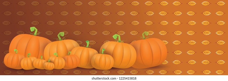 autumn vector orange pumpkins horizontal banner design template for farm market banners and thanksgiving day backgrounds. vector Pile of orange pumpkins frame or border on brown background